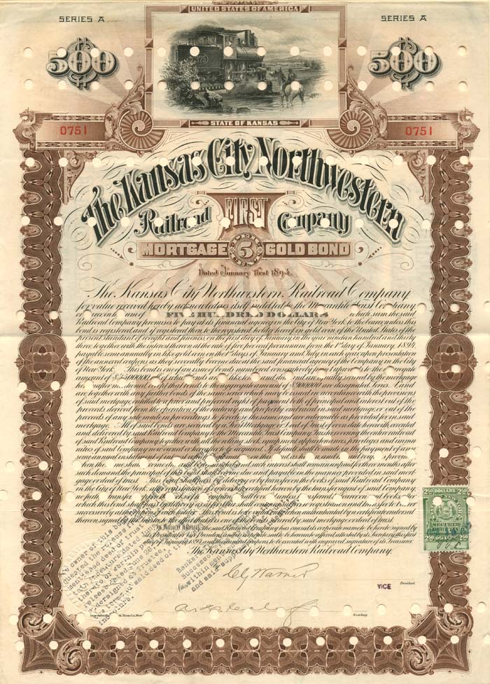 Kansas City Northwestern Railroad Co. - $500 Bond